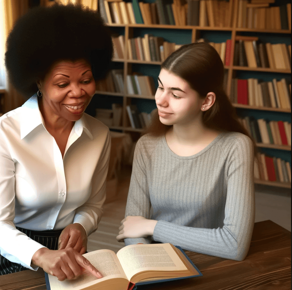 teacher and student in a reading tutoring session