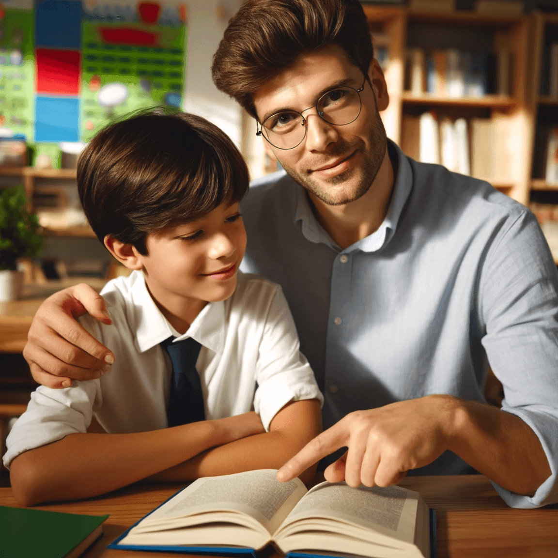 Schoolboy as a child receives reading tutoring and help with homework by tutor